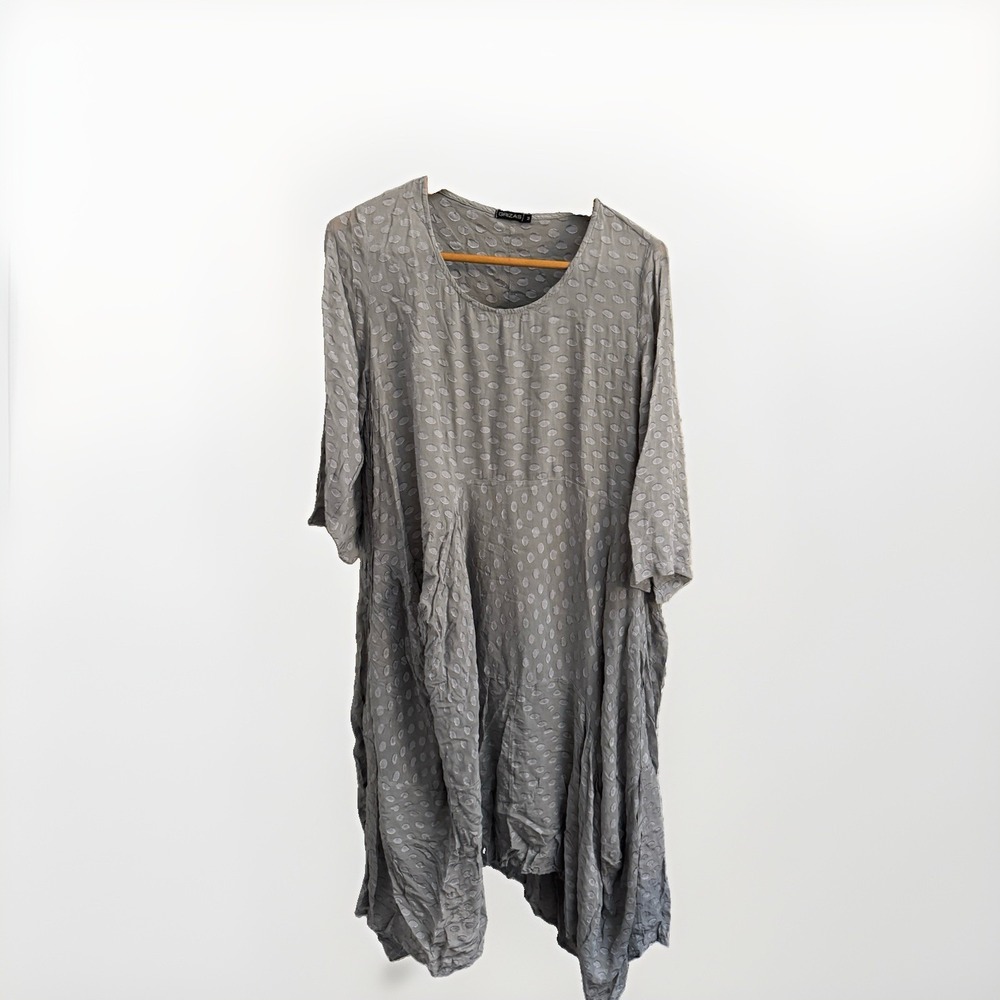 Grizas Silk Blend Gray Textured Polka Dot Tunic Dress Top M Oversized Lagenlook
